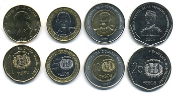 Доминиканская Республика лот из 4 монет 2008 1, 5, 10, 25 песо, две монеты биметалл UNC M77-03