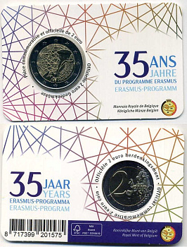 Бельгия 2 евро 2022 35 лет программе Эразмус, в оригинальном блистере KM 430 биметалл BU 5-6-3-23