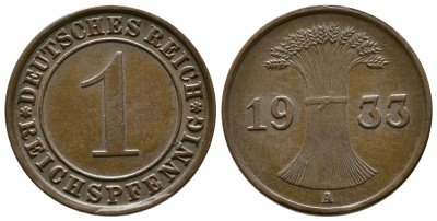 ГЕРМАНИЯ 1 РЕЙХСПФЕННИГ 1933 A KM 37, J. 313 бронза 4380-1229