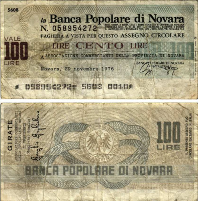 Италия 100 лир 1976 29 ноября 1976, La Banca popoLare Di Novara бумага 7221-68-3-2