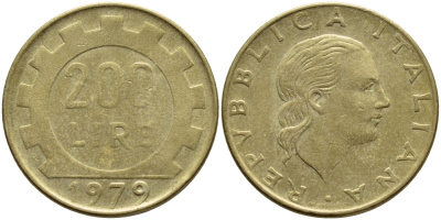 Италия 200 лир 1979 R, шестерня KM 105 алюминиевая бронза 4397-543