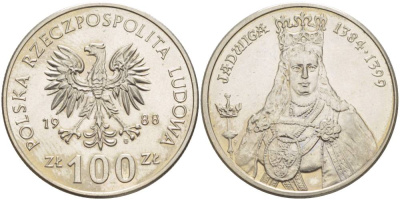 Польша 100 злотых 1988 MW, серия Польские правители, королева Ядвига (1384-1399) KM 183 медно-никель 4542-1024