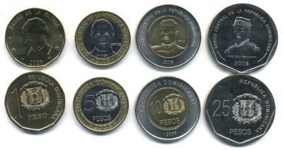 Доминиканская Республика лот из 4 монет 2008 1, 5, 10, 25 песо, две монеты биметалл UNC M77-03