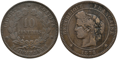 ФРАНЦИЯ 10 САНТИМОВ 1872 A, ТРЕТЬЯ РЕСПУБЛИКА (1871-1940) KM 815.1, LA FRANC 135.8 бронза 32-1014