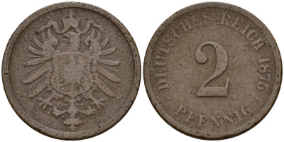 Германия 2 пфеннига 1875 G J.2  KM 2 медь    4598-569