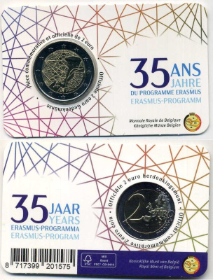 Бельгия 2 евро 2022 35 лет программе Эразмус, в оригинальном блистере KM 430 биметалл BU 5-6-3-23