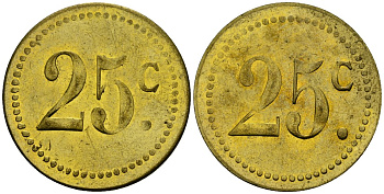 Франция 25†сантимов XIX-XX век ресторанный жетон латунь 4166-1125