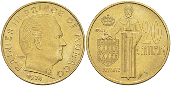 Монако 20 сантимов 1974 Ренье III (1949-2005) KM 143 алюминиевая бронза 190-512
