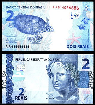 Бразилия 2 реала 2010 Республика, морская черепаха Pick 252 a бумага UNC (пресс) 2197-25-2-2