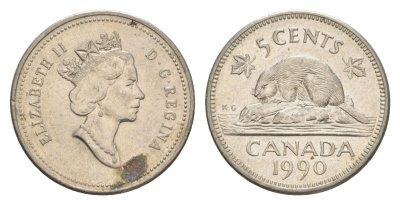 Канада 5 центов 1990 Елизавета II (1952-2022), бобр KM 182 медно-никель 4630-739