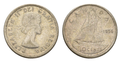 Канада 10 ценнтов 1956 Елизавета II (1952-2022), парусник KM 51 серебро 4674-1232