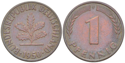 ФРГ 1 ПФЕННИГ 1950 F KM 105, J. 380 сталь плакированная медью 4181-537