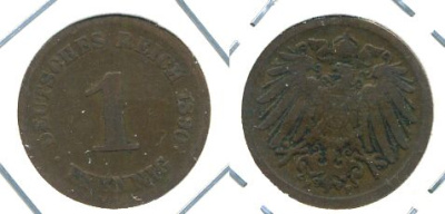 ГЕРМАНИЯ 1 ПФЕННИГ 1890 F KM 10, J. 10 медь 701-115