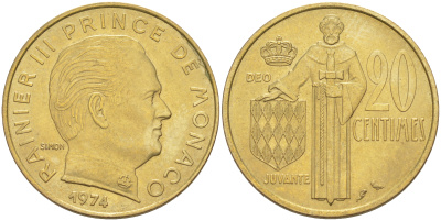 Монако 20 сантимов 1974 Ренье III (1949-2005) KM 143 алюминиевая бронза 190-512