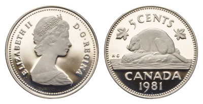 Канада 5 центов 1981 Елизавета II (1952-2022), бобр KM 60.2 никель PROOF 413-3141