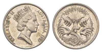 Австралия 5 центов 1987 Елизавета II (1952-2022), ехидна KM 80 медно-никель UNC 4152-1053