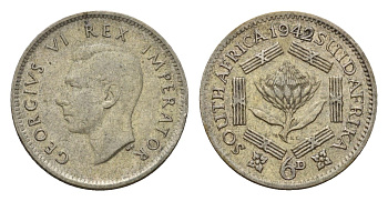 ЮАР 6 пенсов 1942 Георг VI (1936-1952) KM 27 серебро 4564-526