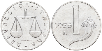 Италия 1 лира 1955 R, весы KM 91 алюминий  UNC  4594-656
