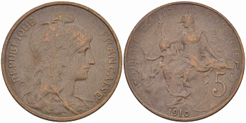 ФРАНЦИЯ 5 САНТИМОВ 1910 ТИП ДАНИЭЛЬ ДЮПЮИ KM 842, LE FRANC 119.22 бронза 108-921