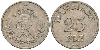 Дания 25 эре 1953 N; S, Фредерик IX (1947-1972) KM 842 медно-никель 4618-364