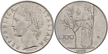 Италия 100 лир 1969 R, Афина у оливкого дерева KM 96.1 нержавеющая сталь 4149-1215