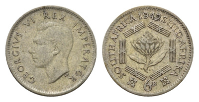 ЮАР 6 пенсов 1942 Георг VI (1936-1952) KM 27 серебро 4564-526