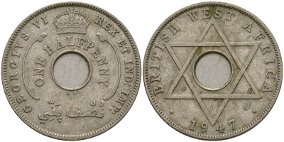 Британская Западная Африка 1/2 пенни 1947 KN, Георг VI KM 18 медно-никель 25-1216