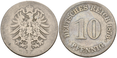 Германия 10 пфеннигов 1876 A, старогербовка KM 4,  J. 4 медно-никель    4153-517