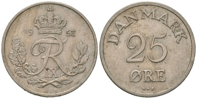 Дания 25 эре 1953 N; S, Фредерик IX (1947-1972) KM 842 медно-никель 4618-364