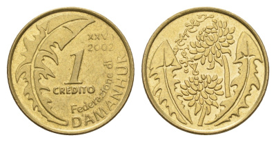 Италия, Даманхура 1 кредито 2002 Федерация Даманхура — это коммуна, экопоселение и духовное сообщество, расположенное в регионе Пьемонт на севере Италии, примерно в 50 км к северу от города Турин. Монета является платежным средством данной коммуны X 26 бр