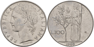 Италия 100 лир 1969 R, Афина у оливкого дерева KM 96.1 нержавеющая сталь 4149-1215