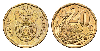 ЮАР 20 центов 2012 герб, цветок протея KM 466 сталь плакированная бронзой UNC 4690-1036