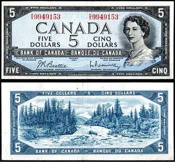 Канада 5 доллар 1954 королева Елизавета II (1952-2022), Оттер-Фолс (вдоль шоссе Аляска) Pick 77 b бумага 451-411-2