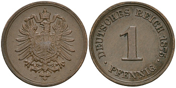 Германия 1 пфенниг 1875 G, Вильгельм I (1871-1888) KM 1, J. 1 медь 4547-233