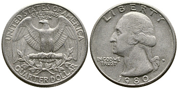 США 25 центов (квотер) 1980 D, Вашингтон KM А164а медь плакированная медно-никелем 57-1033