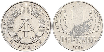 ГДР 1 пфенниг 1968 А  KM 8.1 алюминий 4115-131