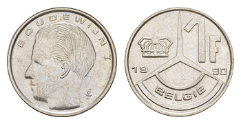 Бельгия 1 франк 1990 Belgique, Бодуэн I (1951-1993) KM 171 нержавеющая сталь 4173-1266