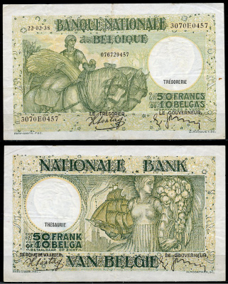 Бельгия 50 франков = 10 бельгас 1938 22 февраля 1938, сельская женщина на коне Pick 106 (2)  бумага   6352-27-2-2