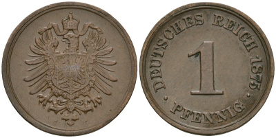 Германия 1 пфенниг 1875 G, Вильгельм I (1871-1888) KM 1, J. 1 медь 4547-233