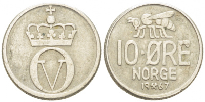 Норвегия 10 эре 1967 пчела, Улаф V (1958-1991) KM 411 медно-никель 3955-217