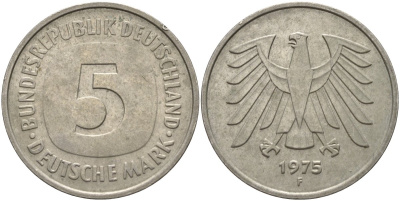ФРГ 5 марок 1975 F, монетный двор Штутгарт КМ 140.1, J. 415 медно-никель плакированный никелем 4139-121