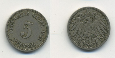 Германия 5 пфеннигов 1911 A KM 11, J. 12, Weege 6 медно-никель 23-1416