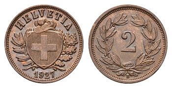 Швейцария 2 раппена 1927 B KM 4.2 бронза 1528-444