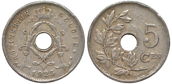 Бельгия 5 сантимов 1925 Belgie KM 67 медно-никель 4164-265