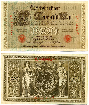 Германия 1000 марок 1910 21 апреля 1910, красная печать, 7 ЦИФР В НОМЕРЕ СЕРИИ, буква T, серия М, выпуск СЕНТЯБРЬ 1922 года Pick 44b, Розенберг 45с бумага XF 8616-48-1-1