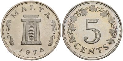 Мальта 5 центов 1976 Ритуальный алтарь в храме Хаджар-Ким KM 10 медно-никель PROOF 3711-2131