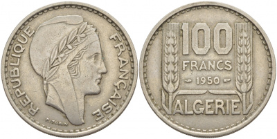 Алжир, Французский 100 франков 1950 KM 93 медно-никель 51-1416