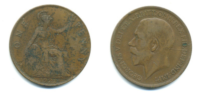 Великобритания 1 пенни 1922 Георг V (1910-1936) КМ 810, Spink 4051 бронза 4383-624
