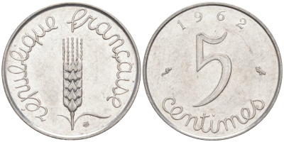 Франция 5 сантимов 1962 Пятая Республика KM 927, Le Franc 124.4 хромированная сталь 187-429