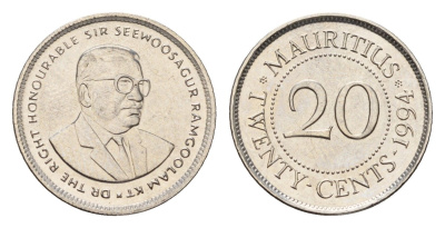 Маврикий 20 центов 1994 KM 53 сталь плакированная никелем UNC 4588-319